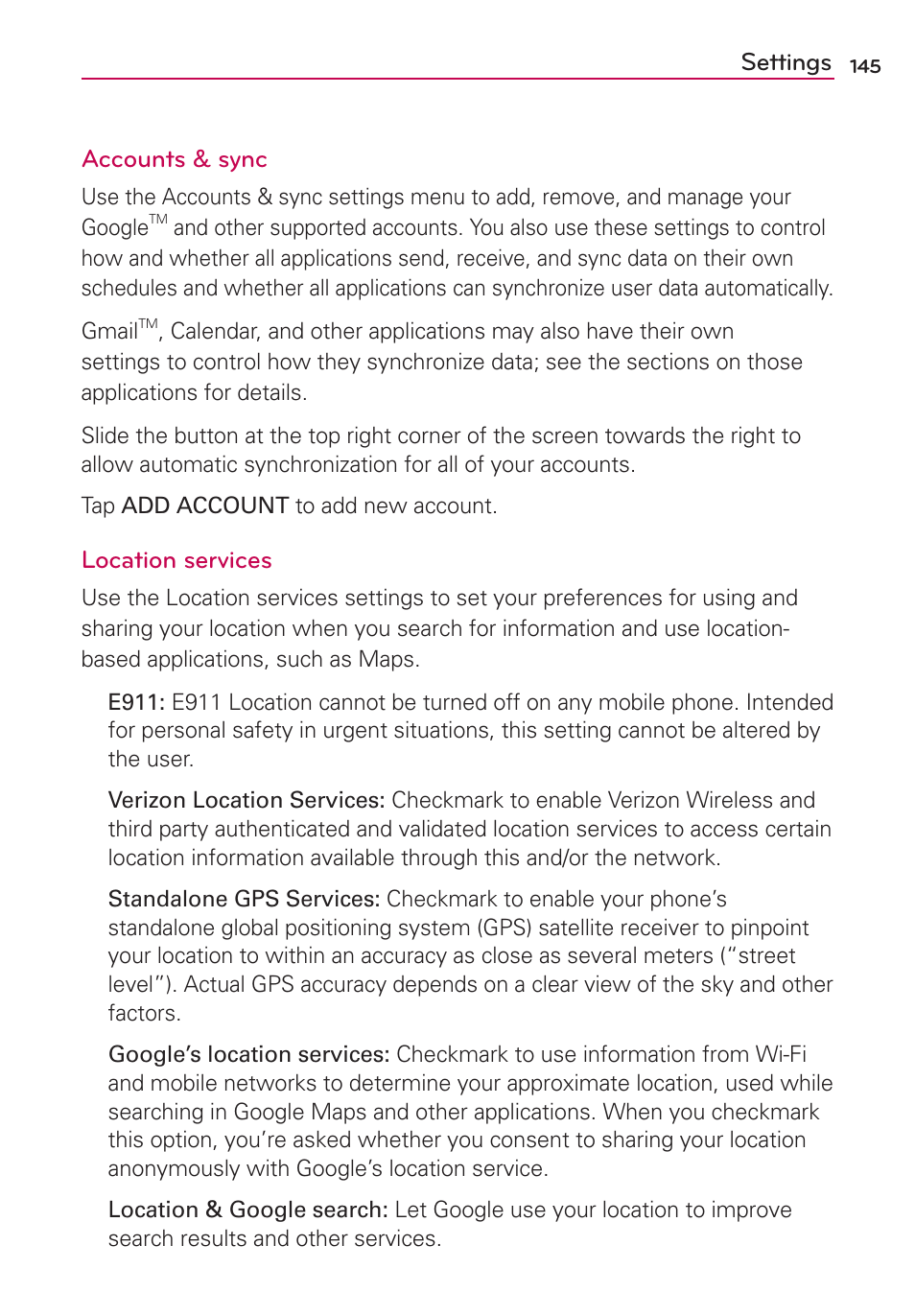 Settings accounts & sync, Location services | LG LGVS920 User Manual | Page 147 / 192