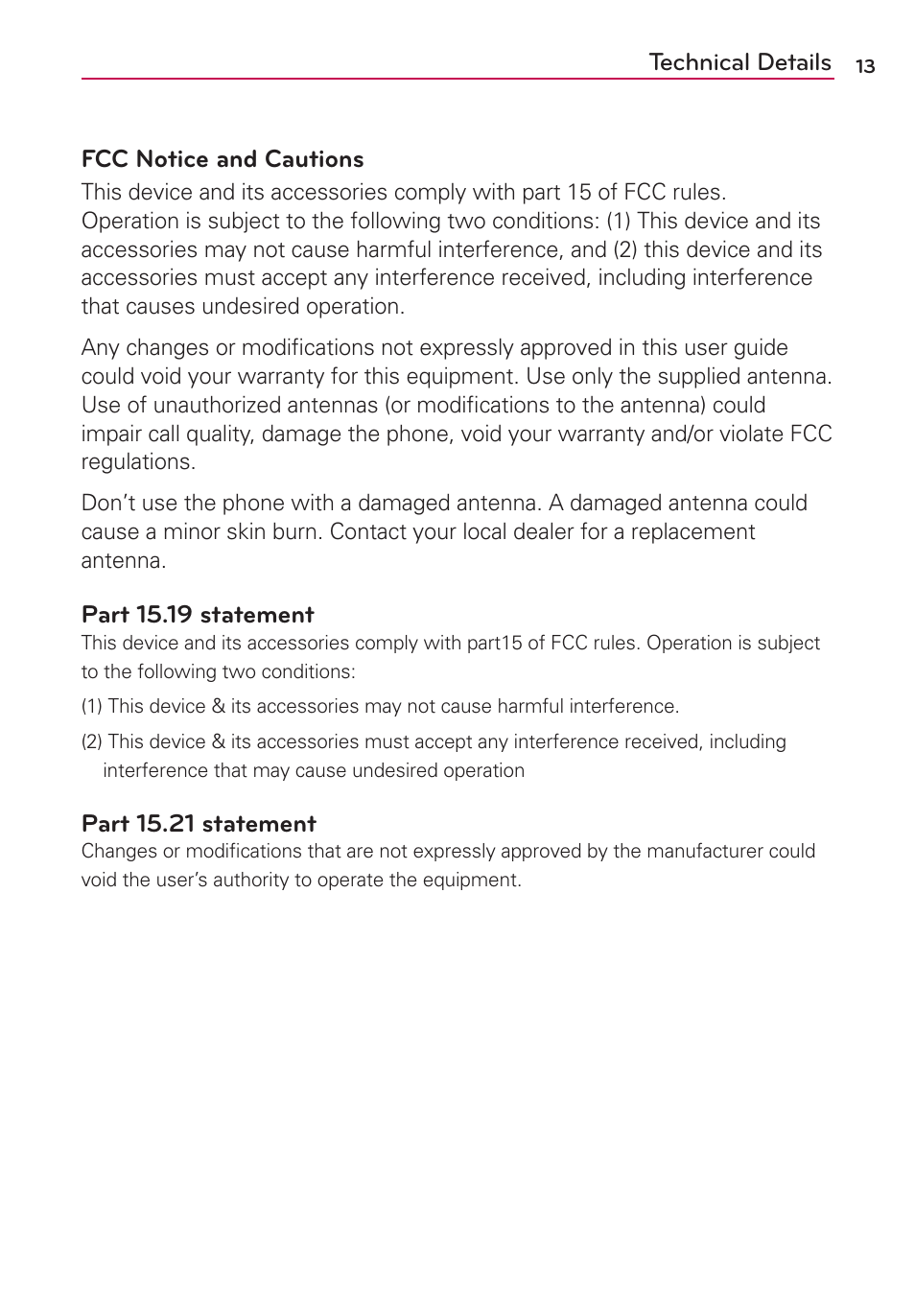 Technical details fcc notice and cautions, Part 15.19 statement, Part 15.21 statement | LG LGVS920 User Manual | Page 15 / 192