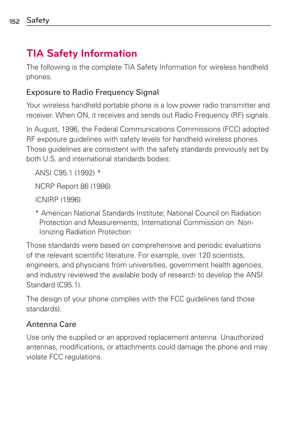 Safety, Tia safety information | LG LGVS920 User Manual | Page 154 / 192