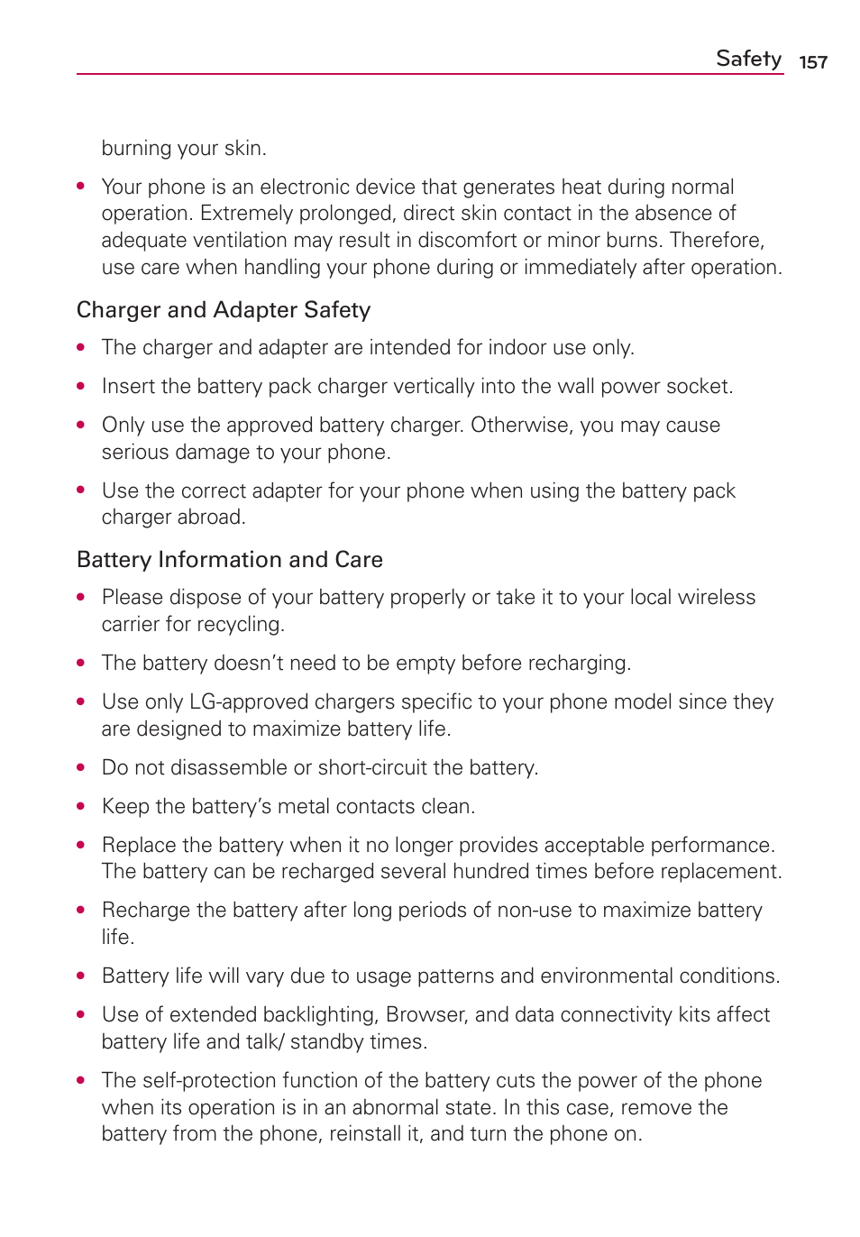 Safety, Charger and adapter safety, Battery information and care | Burning your skin, Do not disassemble or short-circuit the battery, Keep the battery’s metal contacts clean | LG LGVS920 User Manual | Page 159 / 192