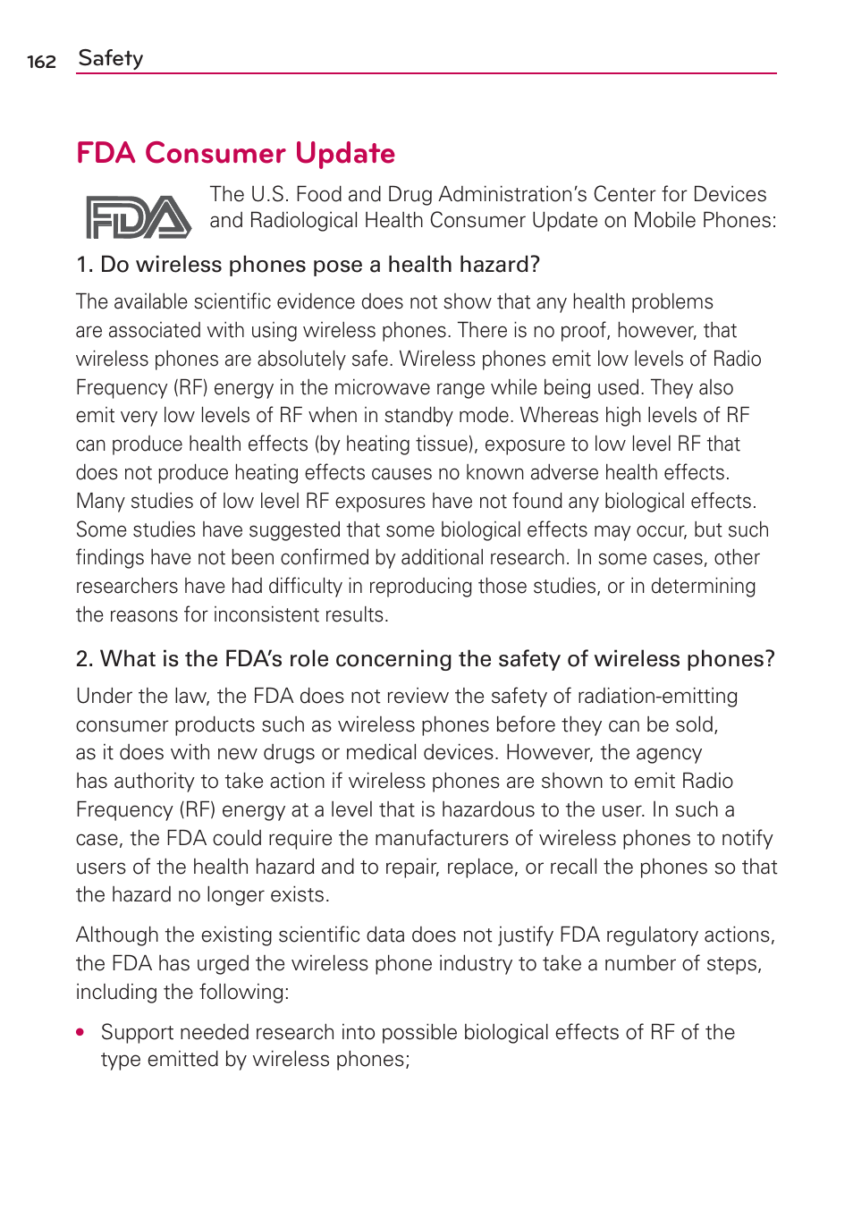 Fda consumer update | LG LGVS920 User Manual | Page 164 / 192