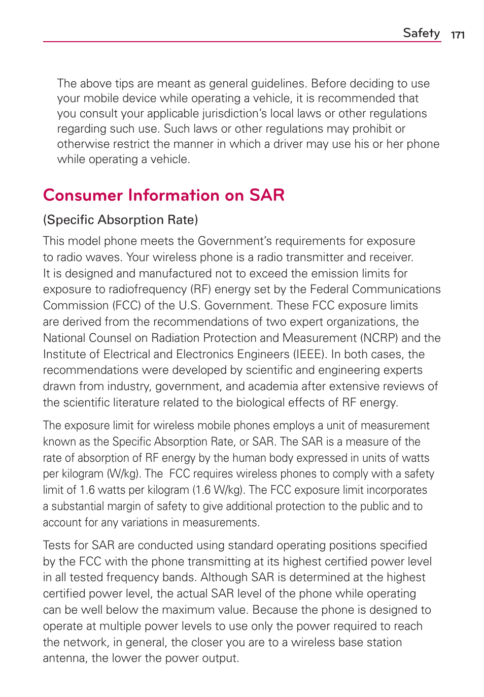 Consumer information on sar | LG LGVS920 User Manual | Page 173 / 192