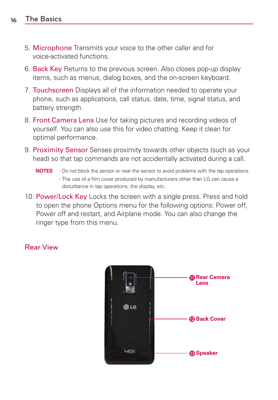 The basics, Rear view | LG LGVS920 User Manual | Page 18 / 192