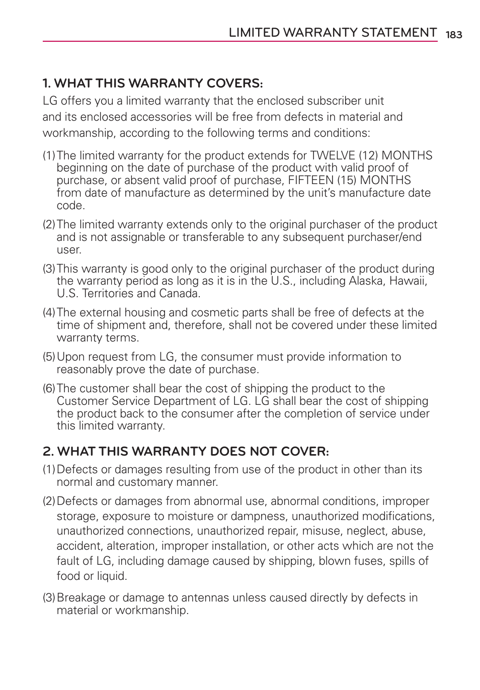 Limited warranty statement | LG LGVS920 User Manual | Page 185 / 192