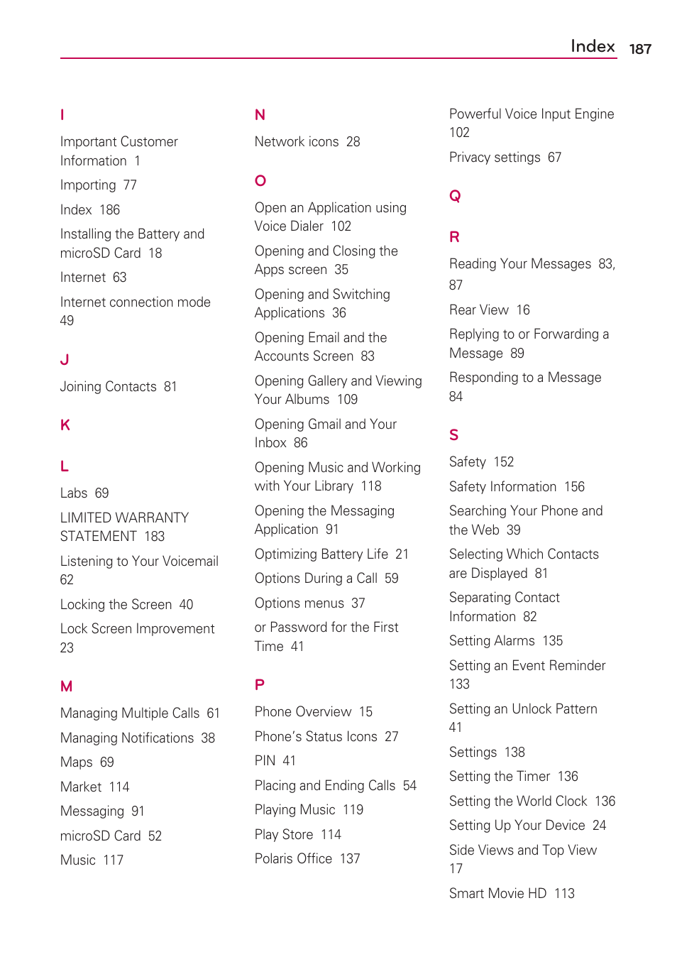 Index | LG LGVS920 User Manual | Page 189 / 192