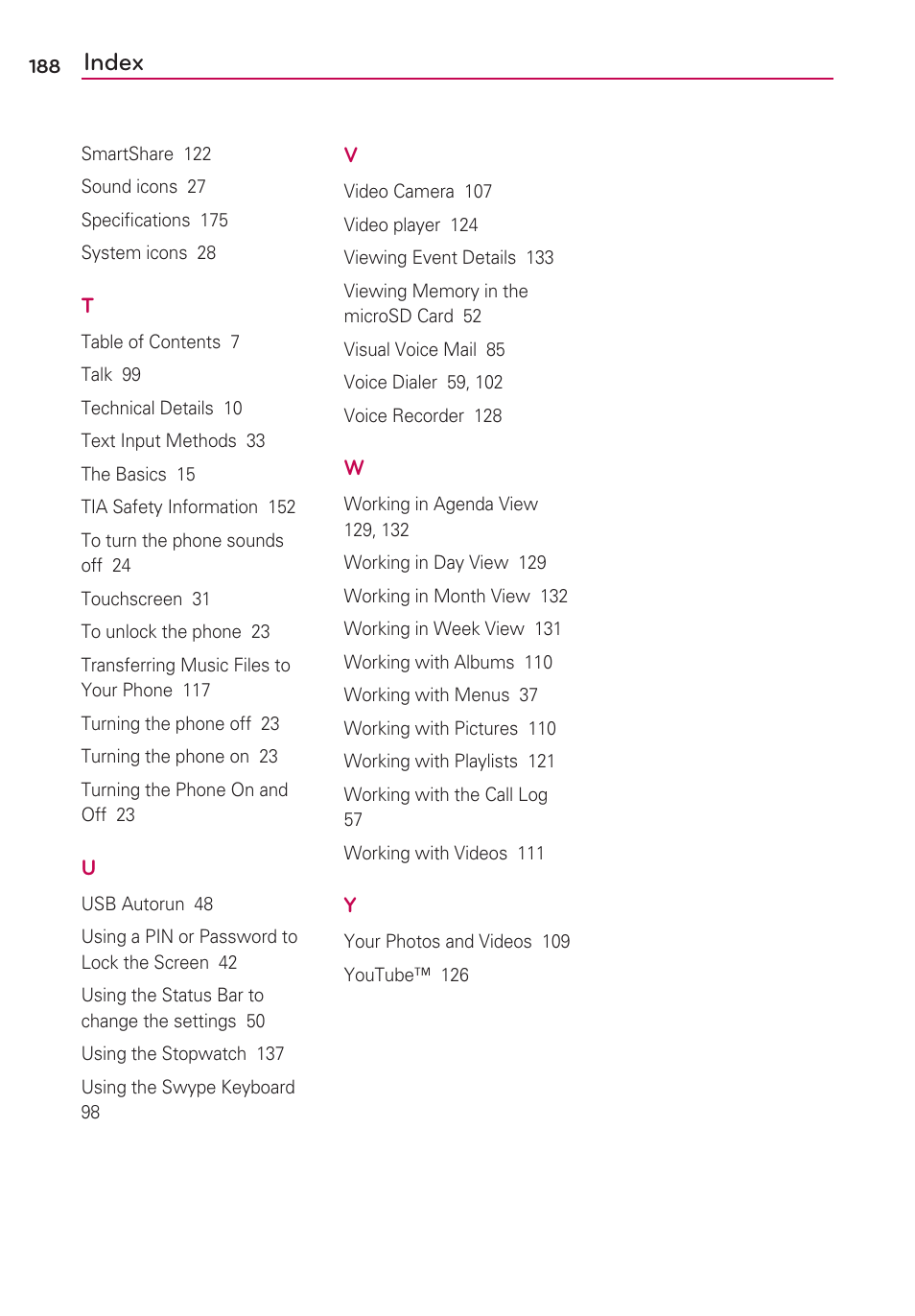 Index | LG LGVS920 User Manual | Page 190 / 192