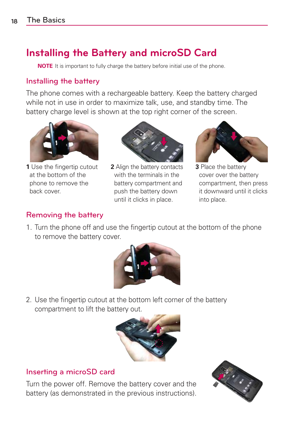 Installing the battery and microsd card | LG LGVS920 User Manual | Page 20 / 192