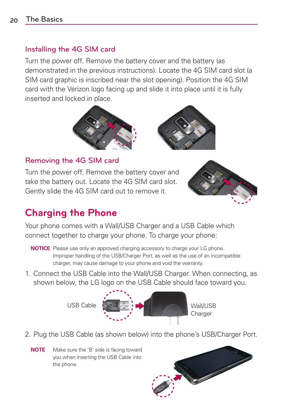 Charging the phone, The basics installing the 4g sim card, Removing the 4g sim card | LG LGVS920 User Manual | Page 22 / 192