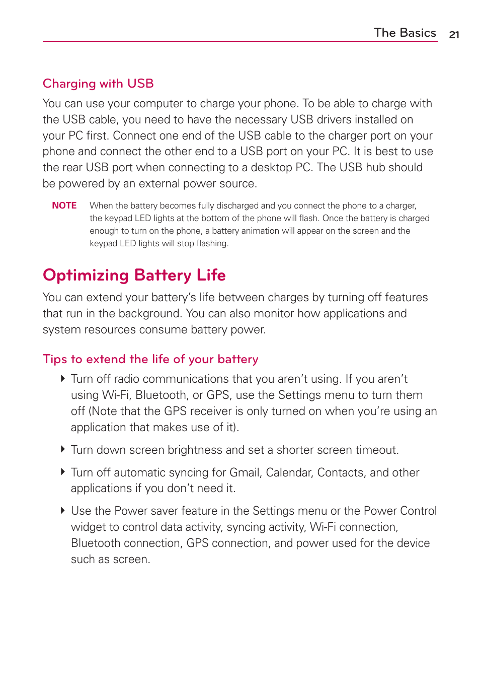 Optimizing battery life, The basics charging with usb, Tips to extend the life of your battery | LG LGVS920 User Manual | Page 23 / 192