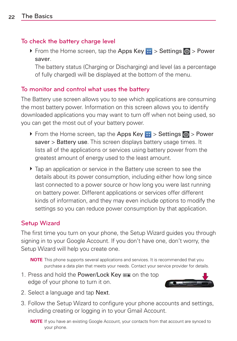 The basics to check the battery charge level, Setup wizard | LG LGVS920 User Manual | Page 24 / 192