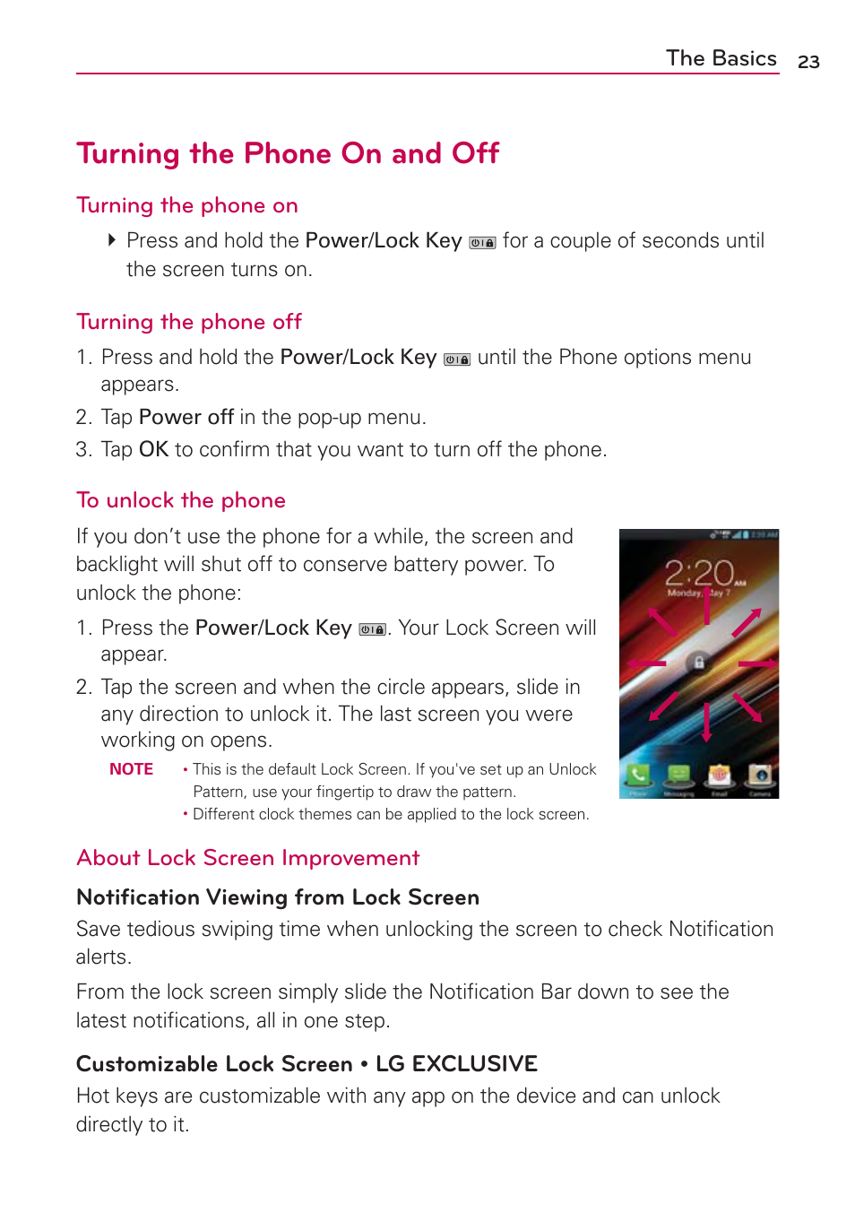 Turning the phone on and off, The basics, Turning the phone on | Turning the phone off | LG LGVS920 User Manual | Page 25 / 192