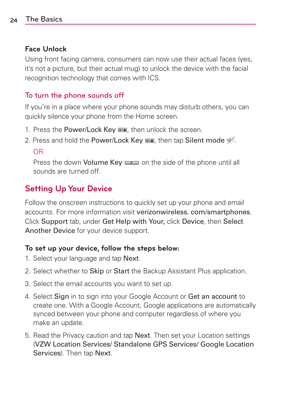 Setting up your device | LG LGVS920 User Manual | Page 26 / 192