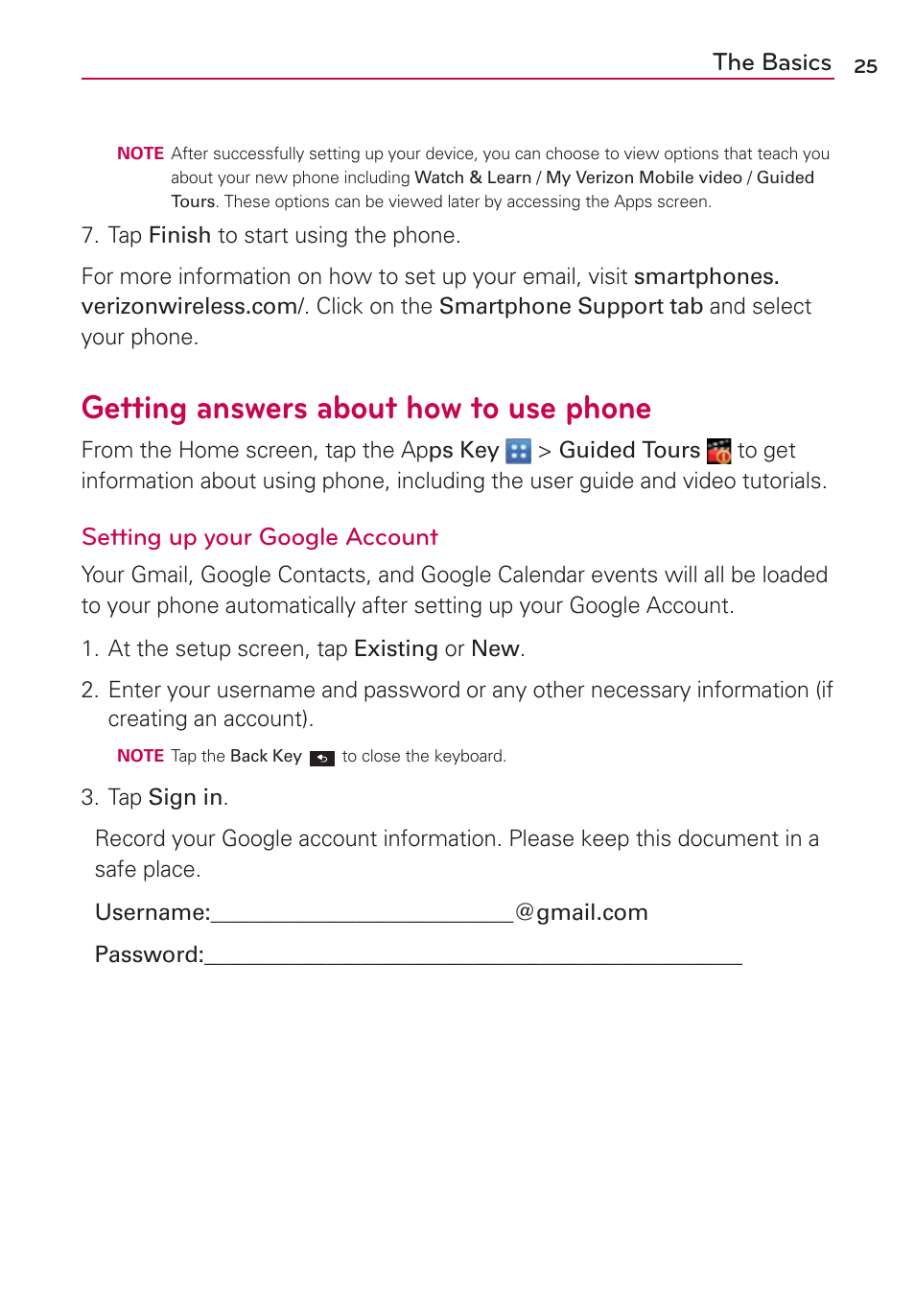 Getting answers about how to use phone, The basics, Setting up your google account | LG LGVS920 User Manual | Page 27 / 192