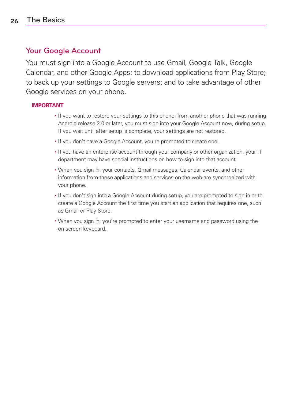 The basics your google account | LG LGVS920 User Manual | Page 28 / 192