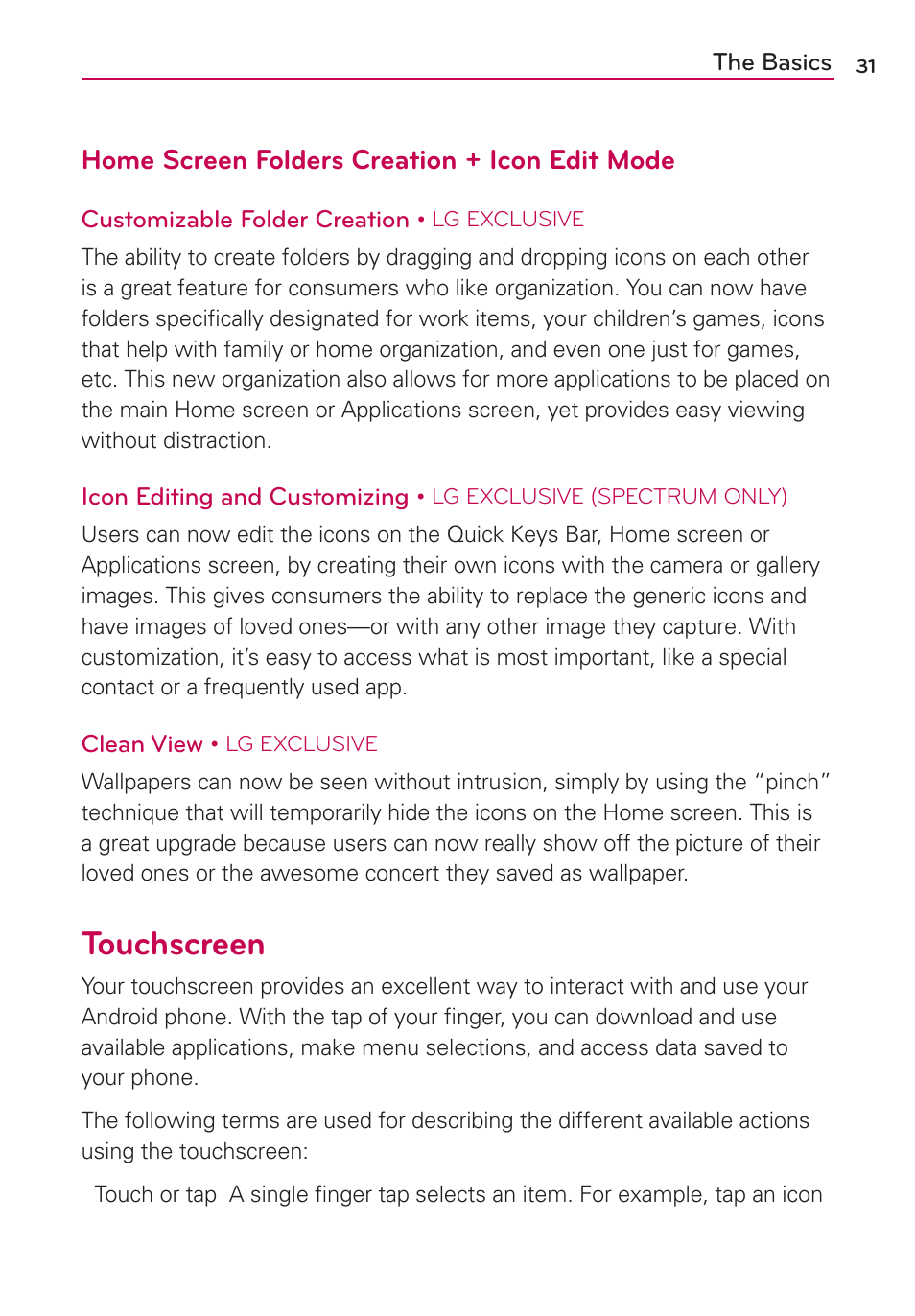 Touchscreen, Home screen folders creation + icon edit mode | LG LGVS920 User Manual | Page 33 / 192