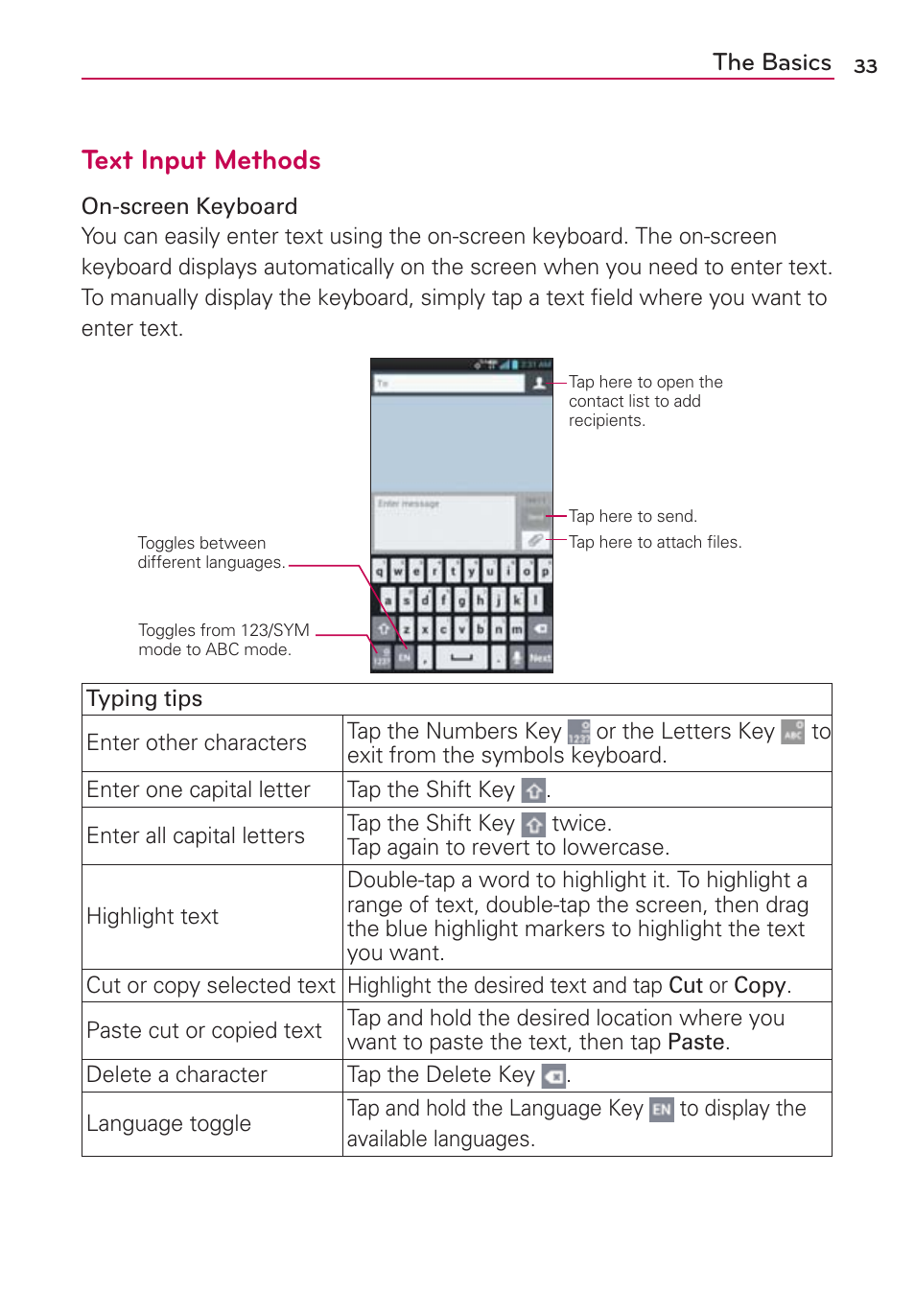 Text input methods, The basics | LG LGVS920 User Manual | Page 35 / 192