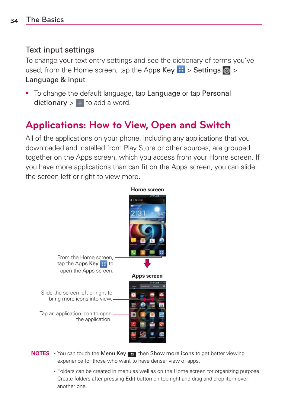 Applications: how to view, open and switch, The basics text input settings | LG LGVS920 User Manual | Page 36 / 192