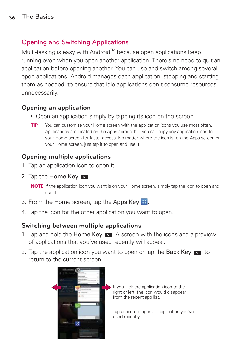 The basics opening and switching applications, Opening an application, Opening multiple applications | Switching between multiple applications | LG LGVS920 User Manual | Page 38 / 192