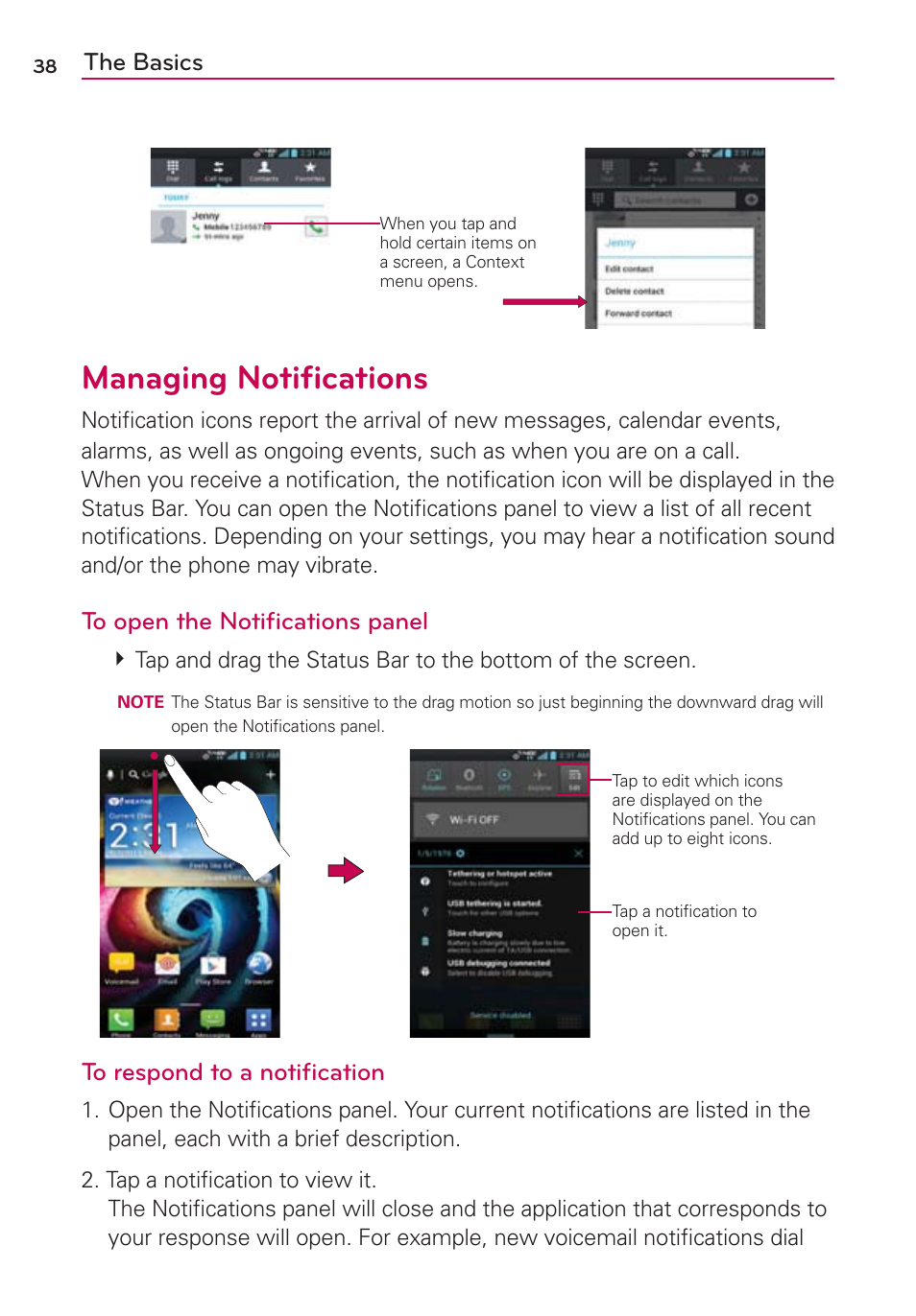 Managing notifications, Managing notiﬁcations, The basics | LG LGVS920 User Manual | Page 40 / 192