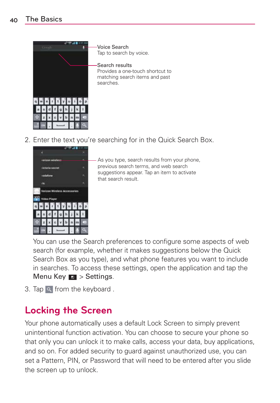 Locking the screen | LG LGVS920 User Manual | Page 42 / 192