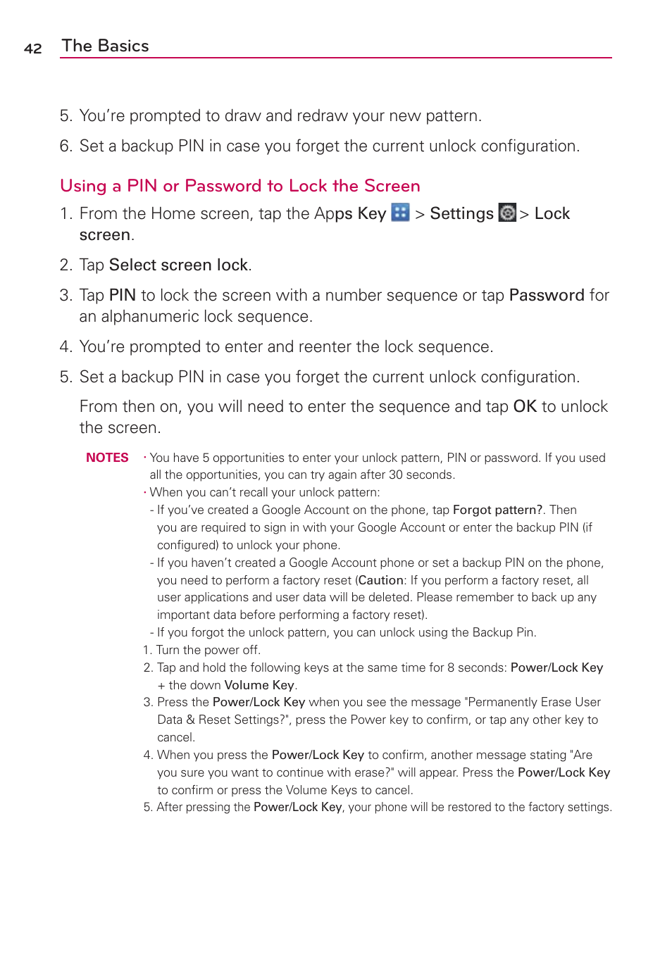 The basics, Using a pin or password to lock the screen | LG LGVS920 User Manual | Page 44 / 192