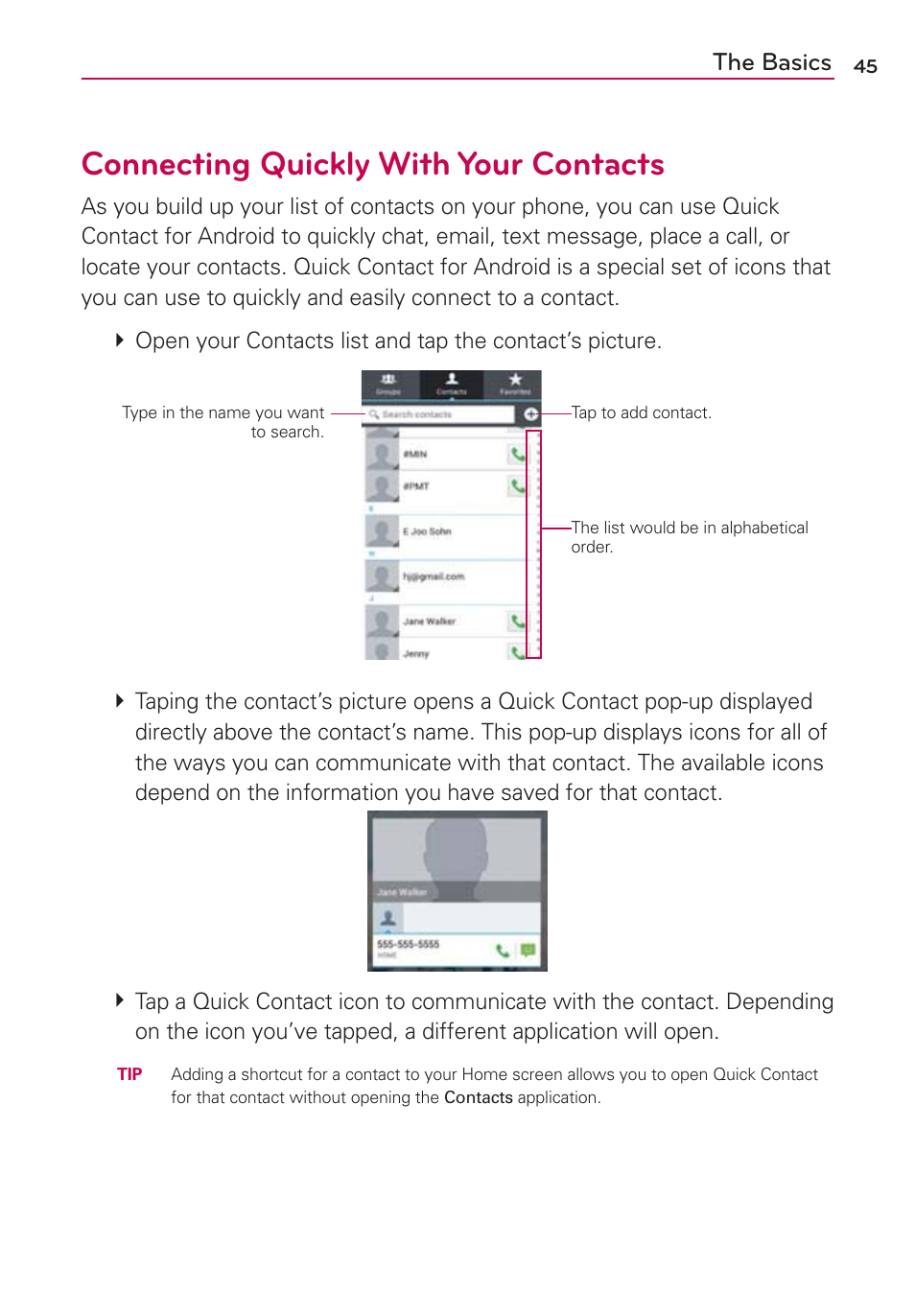 Connecting quickly with your contacts, The basics | LG LGVS920 User Manual | Page 47 / 192