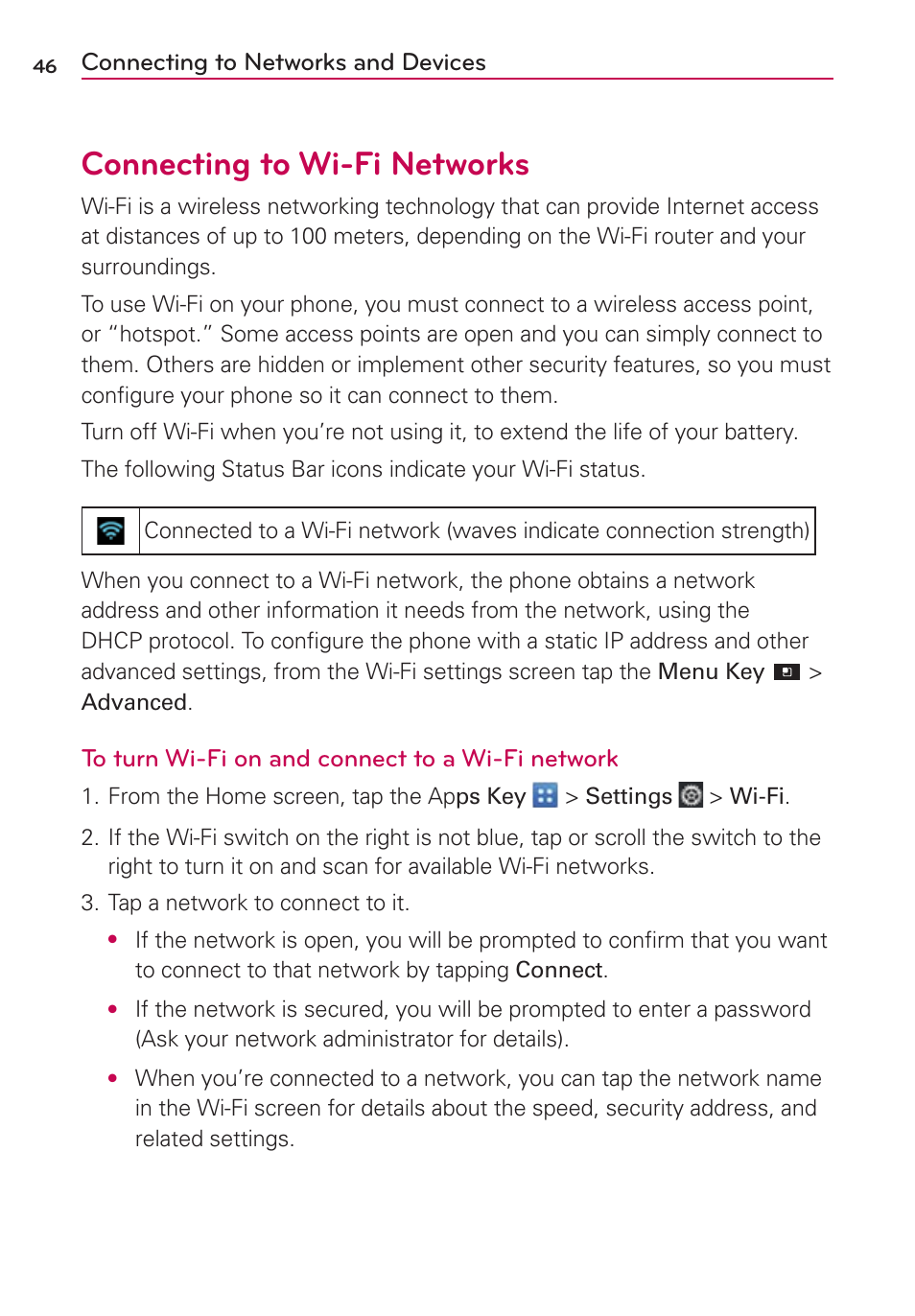 Connecting to networks and devices, Connecting to wi-fi networks | LG LGVS920 User Manual | Page 48 / 192