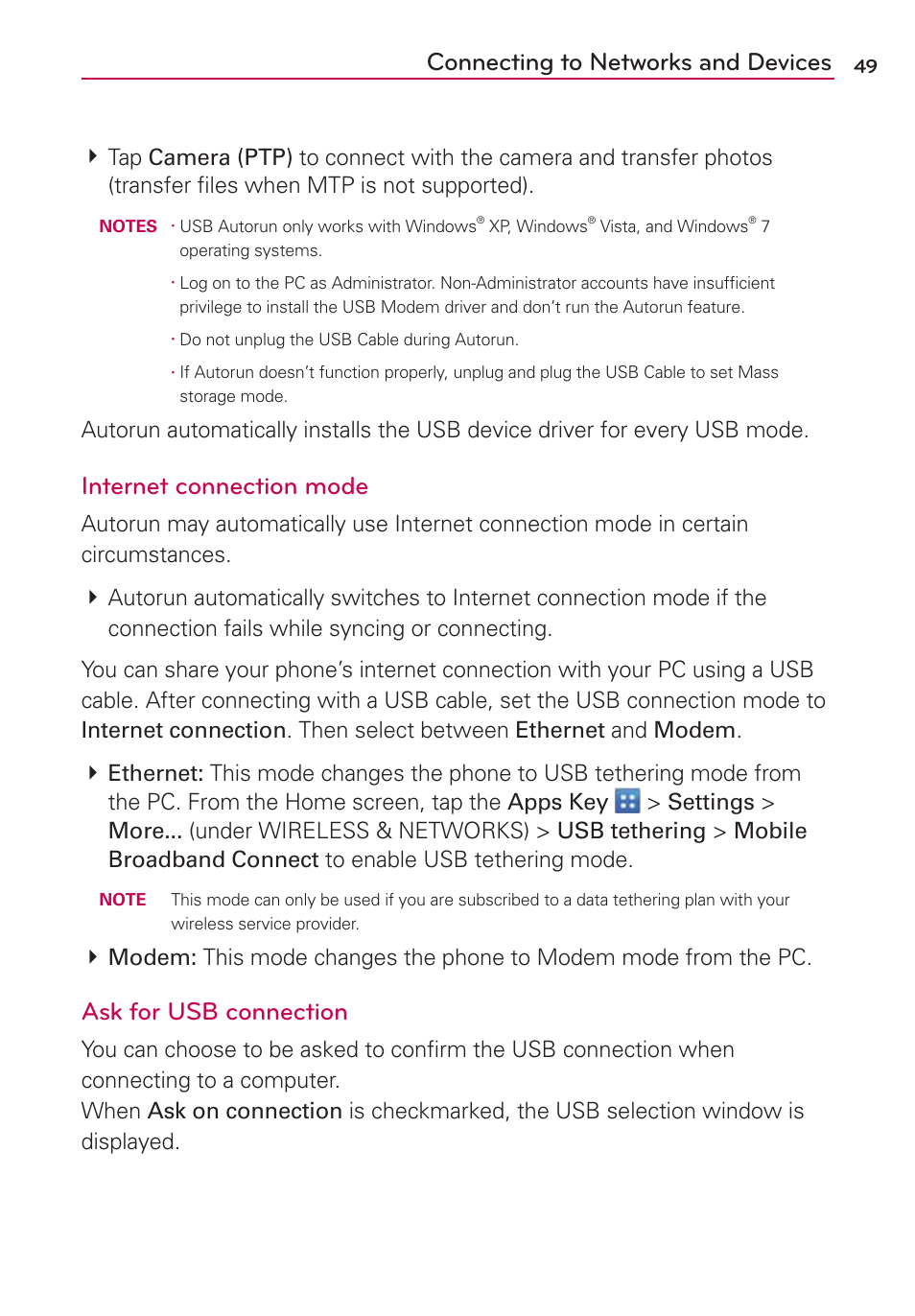 Connecting to networks and devices, Internet connection mode, Ask for usb connection | LG LGVS920 User Manual | Page 51 / 192