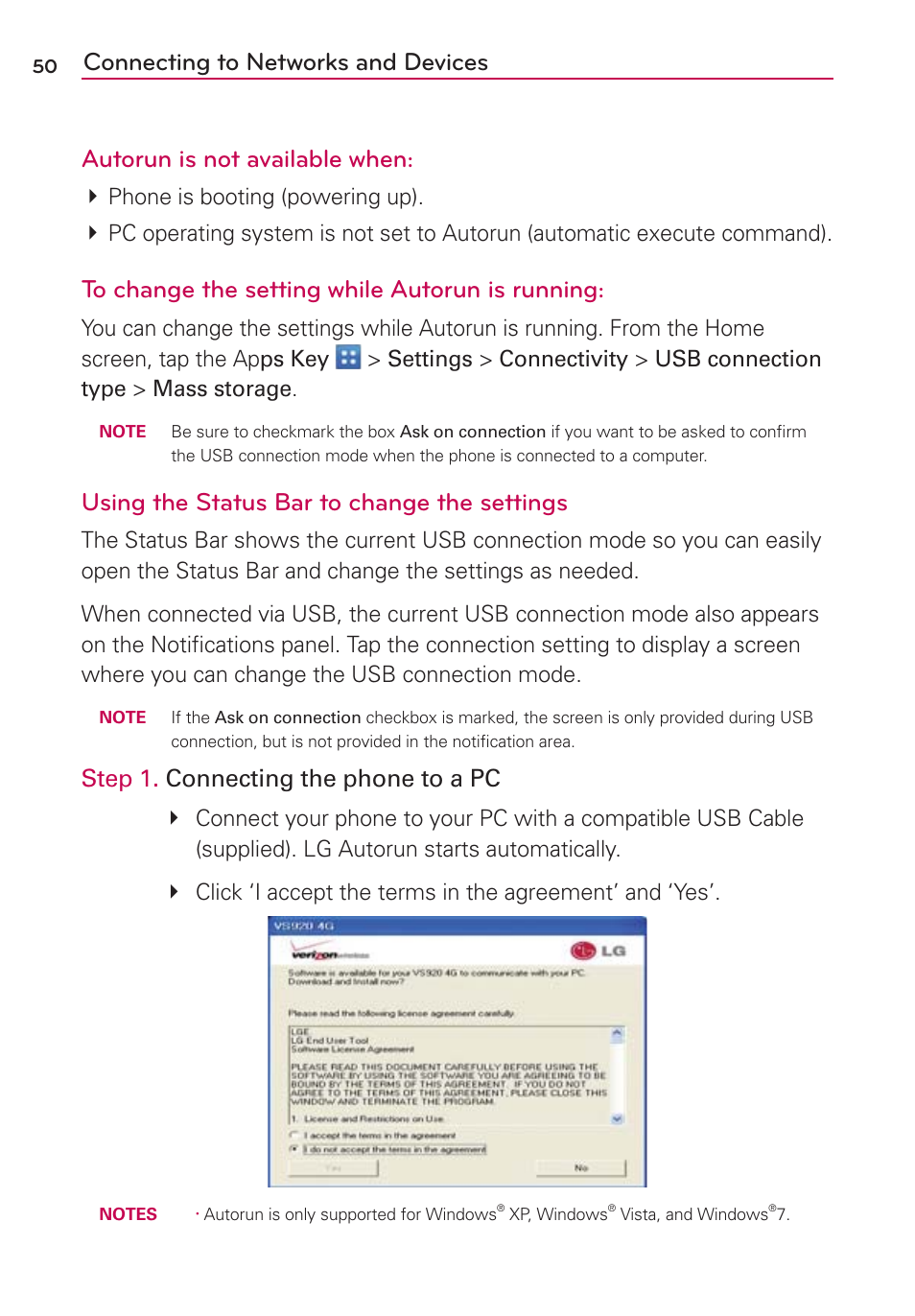 Using the status bar to change the settings, Step 1. connecting the phone to a pc | LG LGVS920 User Manual | Page 52 / 192