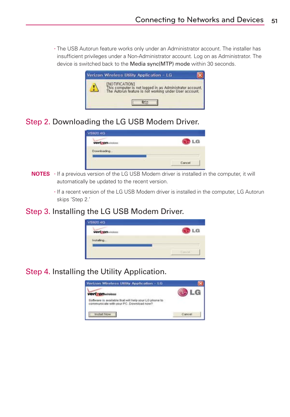 Connecting to networks and devices, Step 2. downloading the lg usb modem driver | LG LGVS920 User Manual | Page 53 / 192