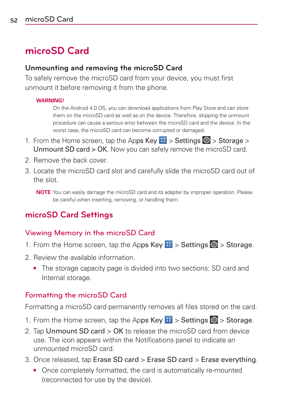 Microsd card, Microsd card settings, Unmounting and removing the microsd card | Formatting the microsd card | LG LGVS920 User Manual | Page 54 / 192