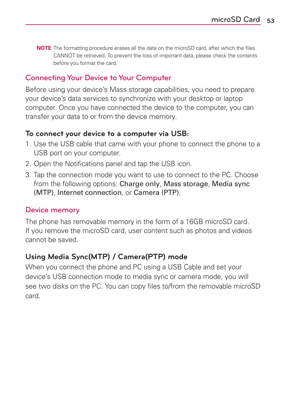 Microsd card, Connecting your device to your computer, Using media sync(mtp) / camera(ptp) mode | LG LGVS920 User Manual | Page 55 / 192