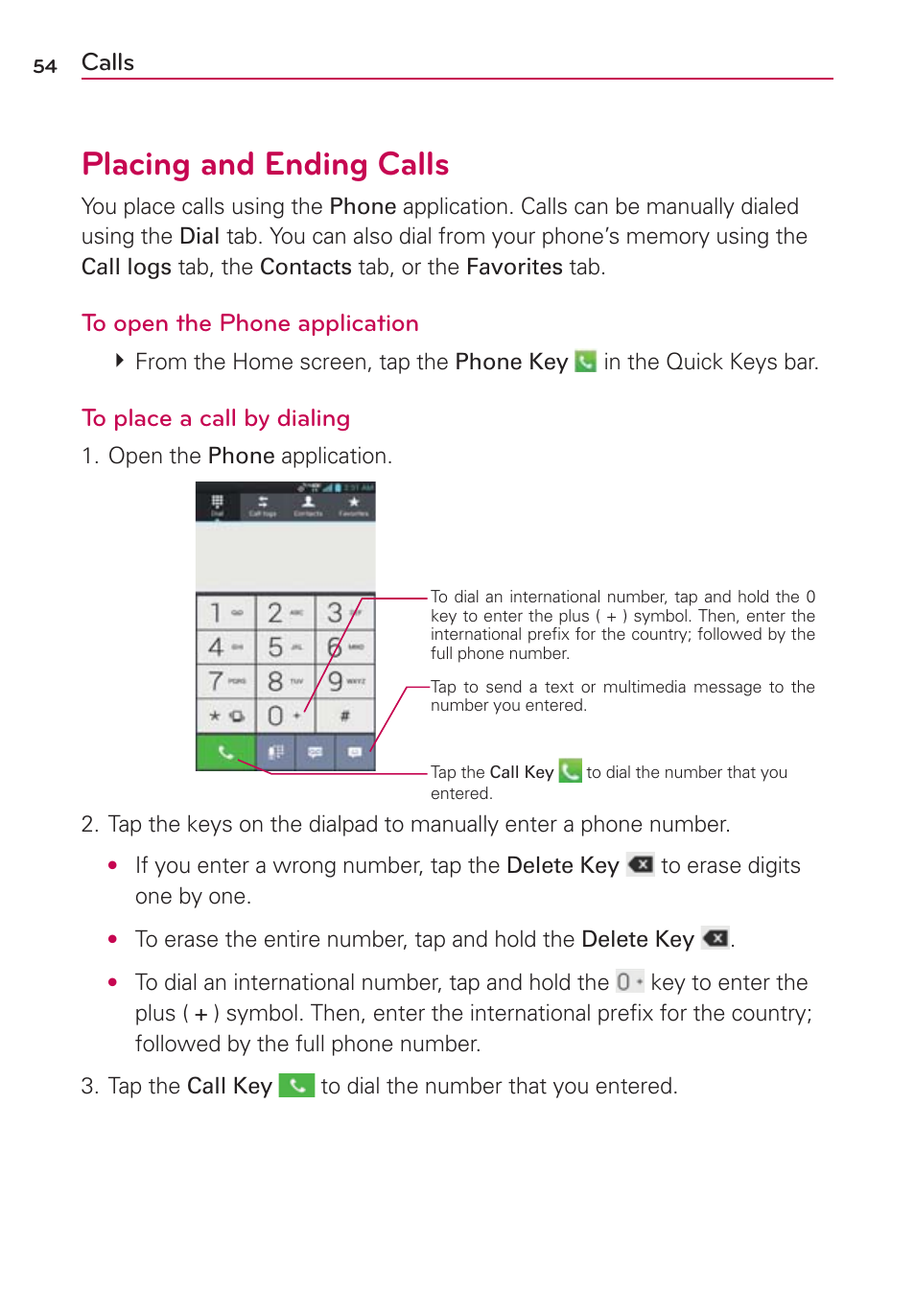 Calls, Placing and ending calls | LG LGVS920 User Manual | Page 56 / 192