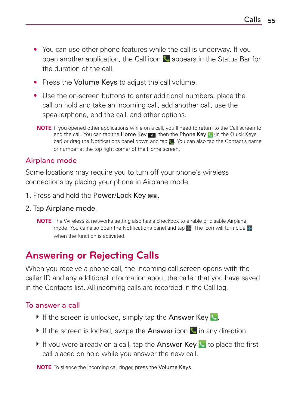 Answering or rejecting calls, Calls, Airplane mode | LG LGVS920 User Manual | Page 57 / 192