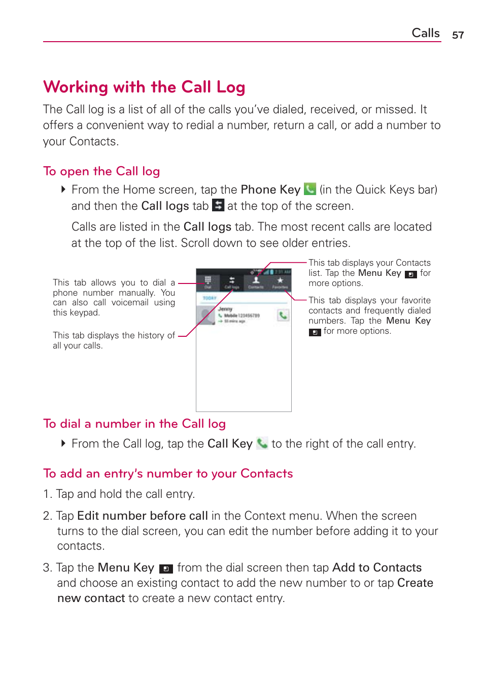 Working with the call log, Calls | LG LGVS920 User Manual | Page 59 / 192