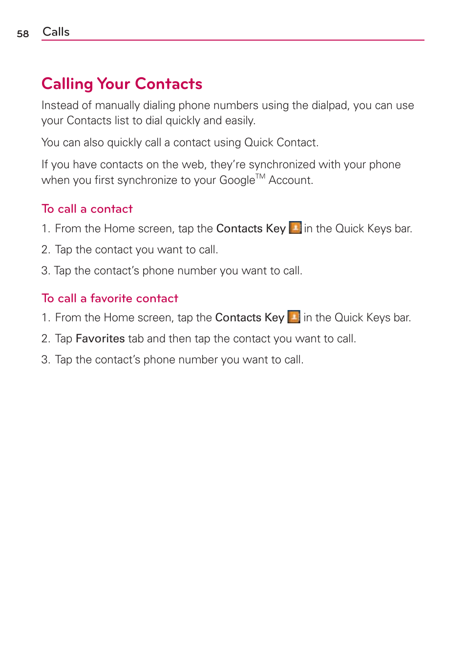 Calling your contacts | LG LGVS920 User Manual | Page 60 / 192