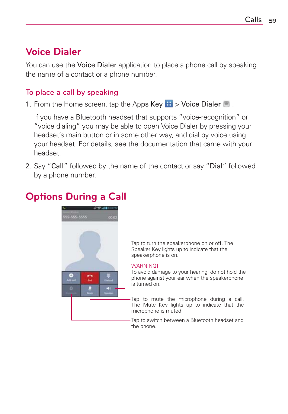 Voice dialer, Options during a call, Voice dialer options during a call | LG LGVS920 User Manual | Page 61 / 192