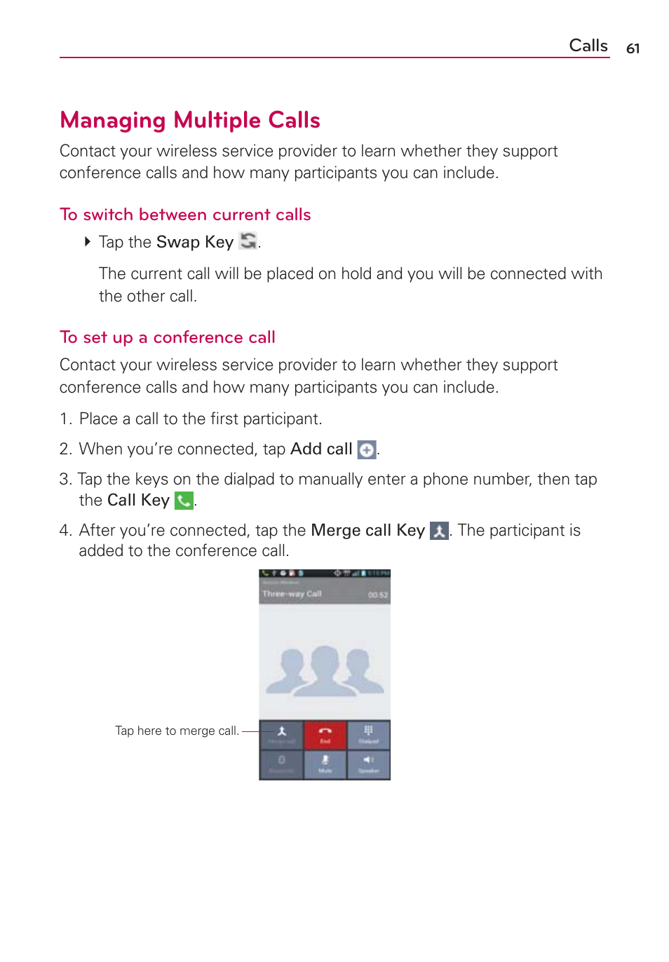 Managing multiple calls | LG LGVS920 User Manual | Page 63 / 192