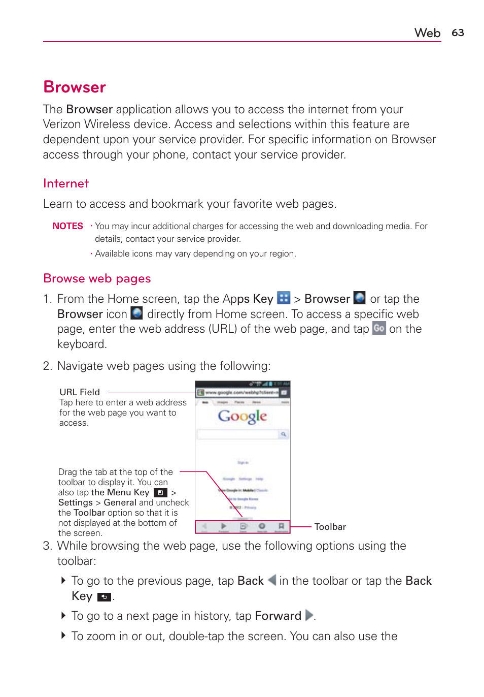 Browser, Internet, Browse web pages | LG LGVS920 User Manual | Page 65 / 192