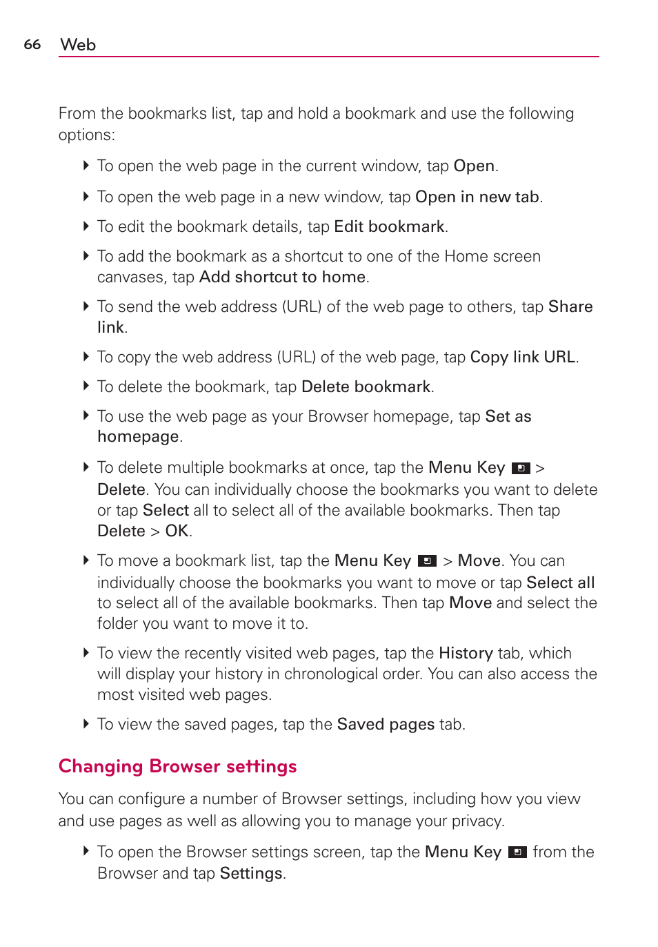 Changing browser settings | LG LGVS920 User Manual | Page 68 / 192