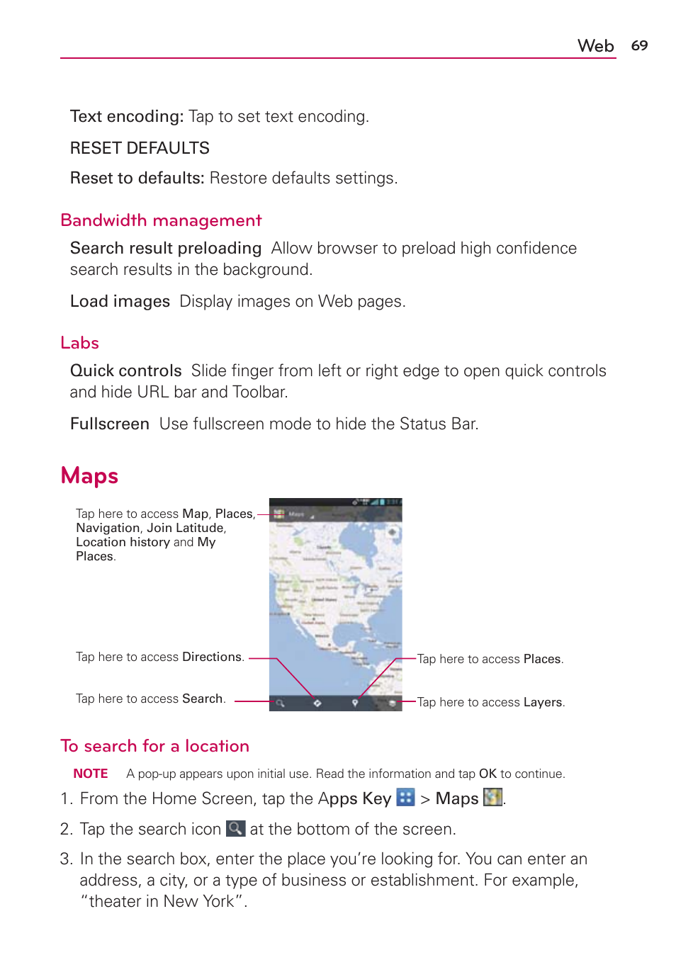 Maps, Bandwidth management, Labs | LG LGVS920 User Manual | Page 71 / 192