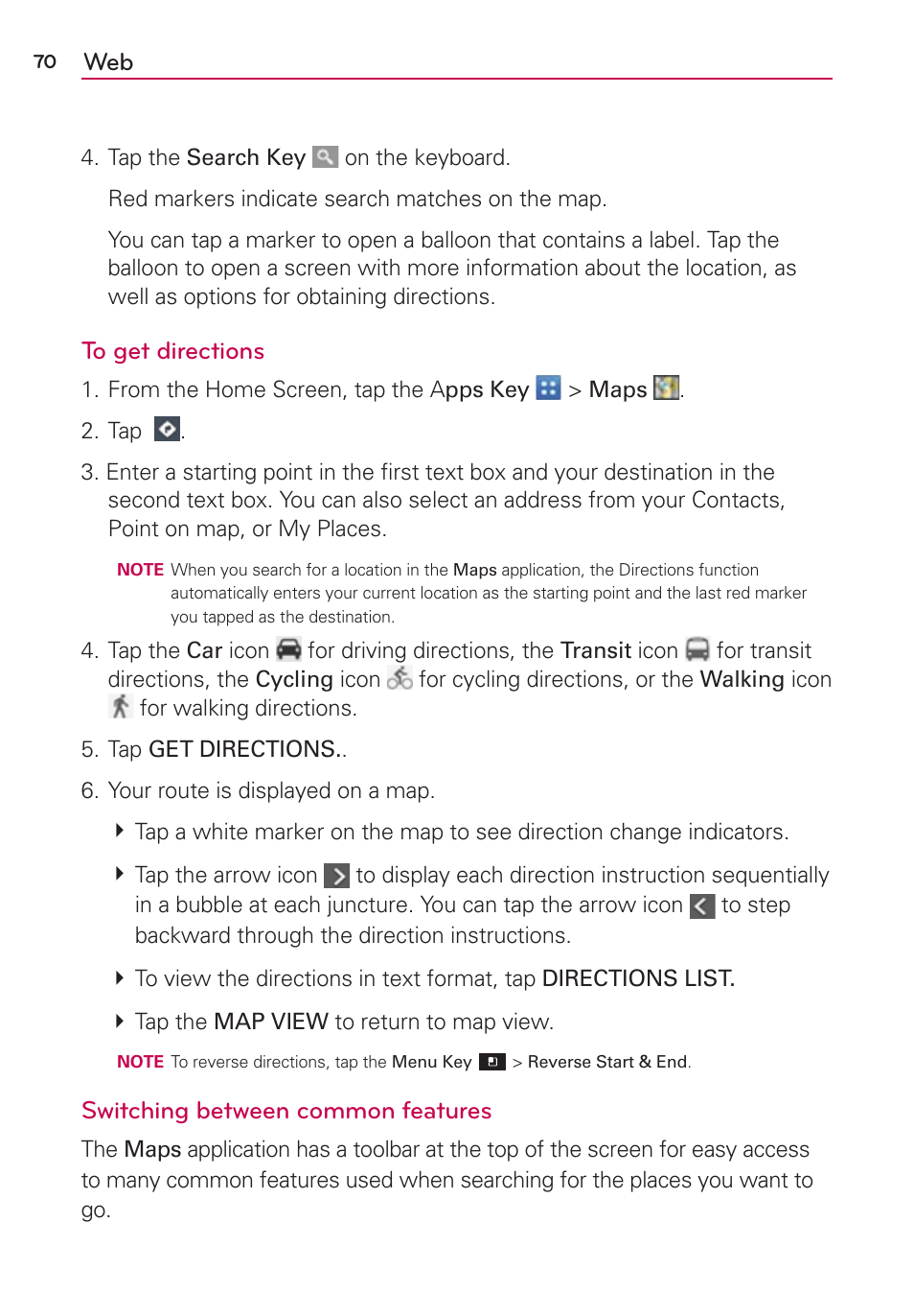 Switching between common features | LG LGVS920 User Manual | Page 72 / 192