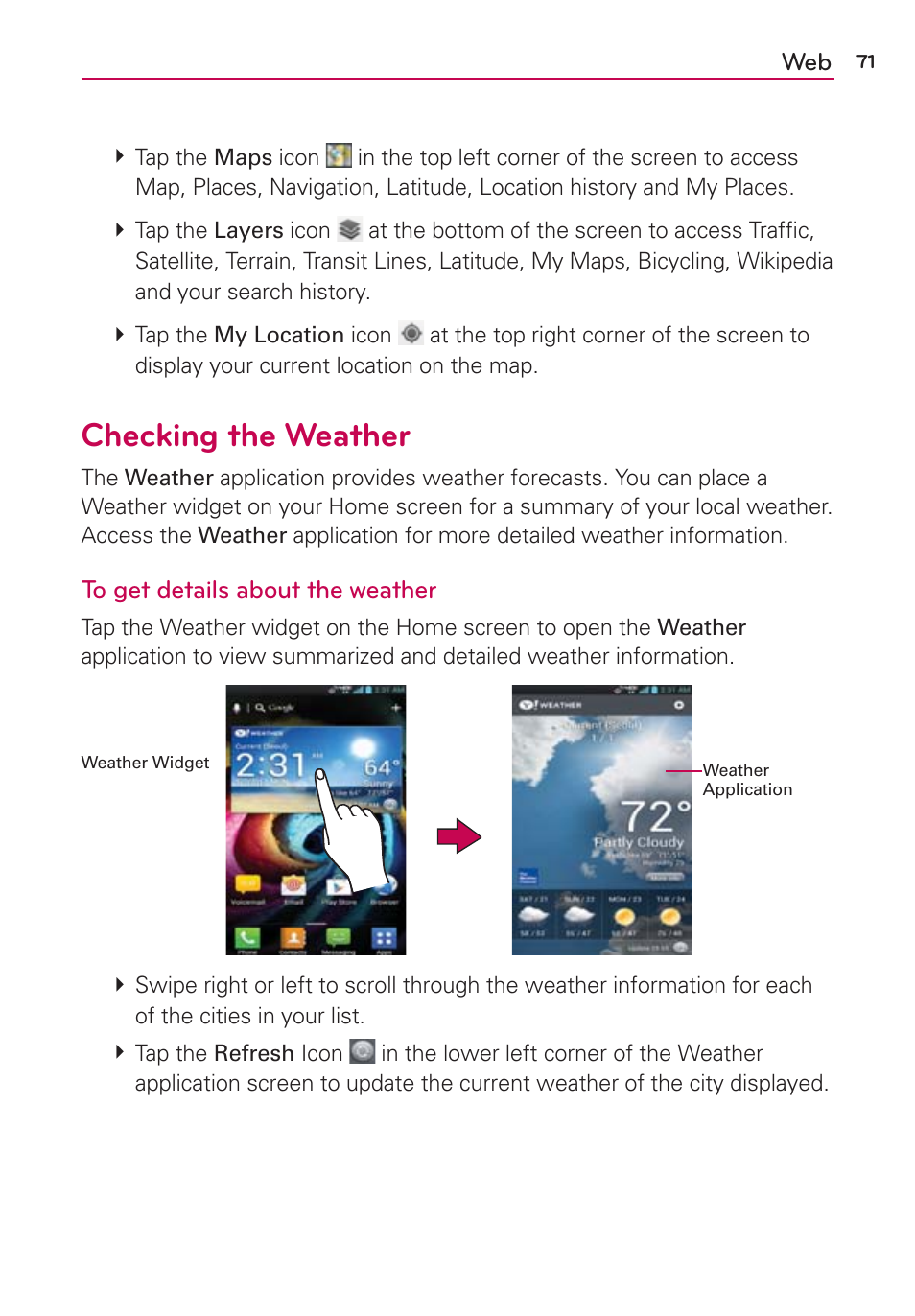 Checking the weather | LG LGVS920 User Manual | Page 73 / 192