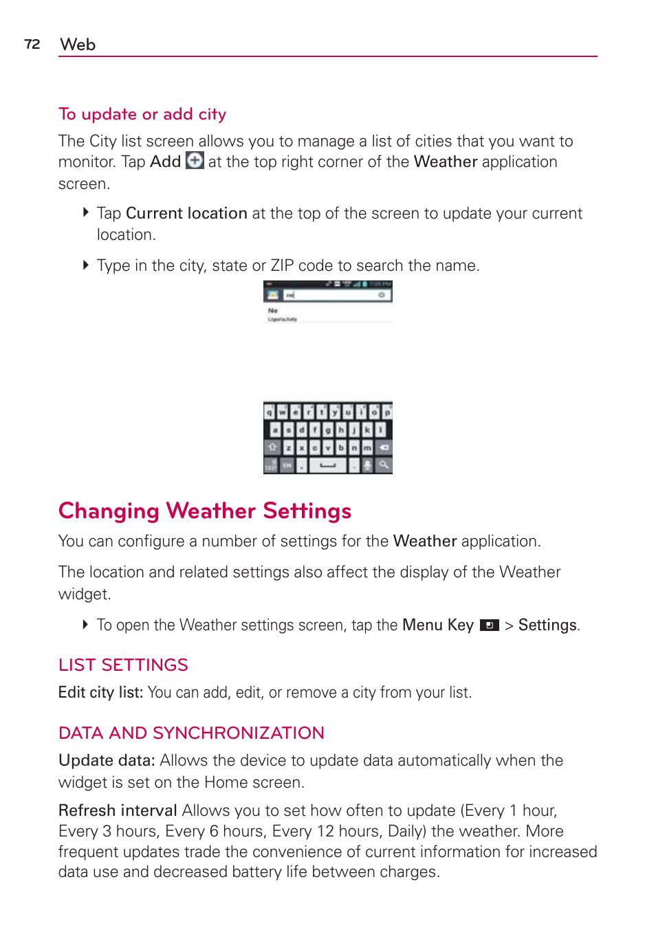 Changing weather settings | LG LGVS920 User Manual | Page 74 / 192