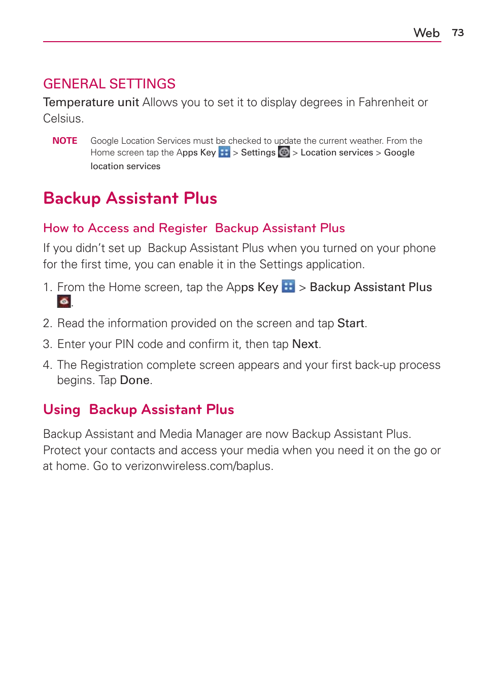 Backup assistant plus, Using backup assistant plus, Web general settings | How to access and register backup assistant plus | LG LGVS920 User Manual | Page 75 / 192