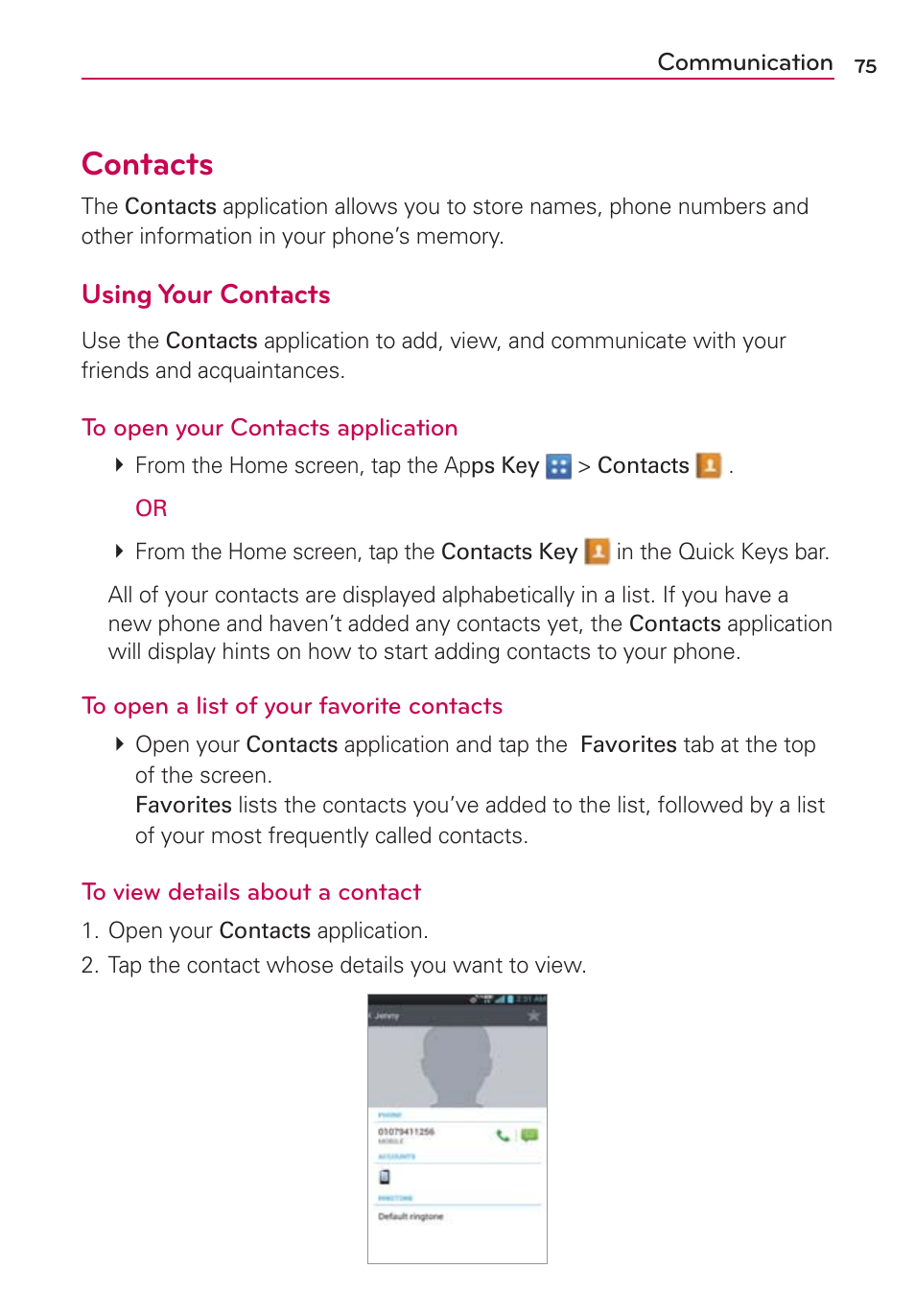 Contacts, Communication, Using your contacts | LG LGVS920 User Manual | Page 77 / 192