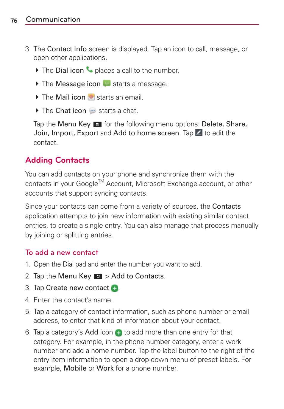 Adding contacts | LG LGVS920 User Manual | Page 78 / 192