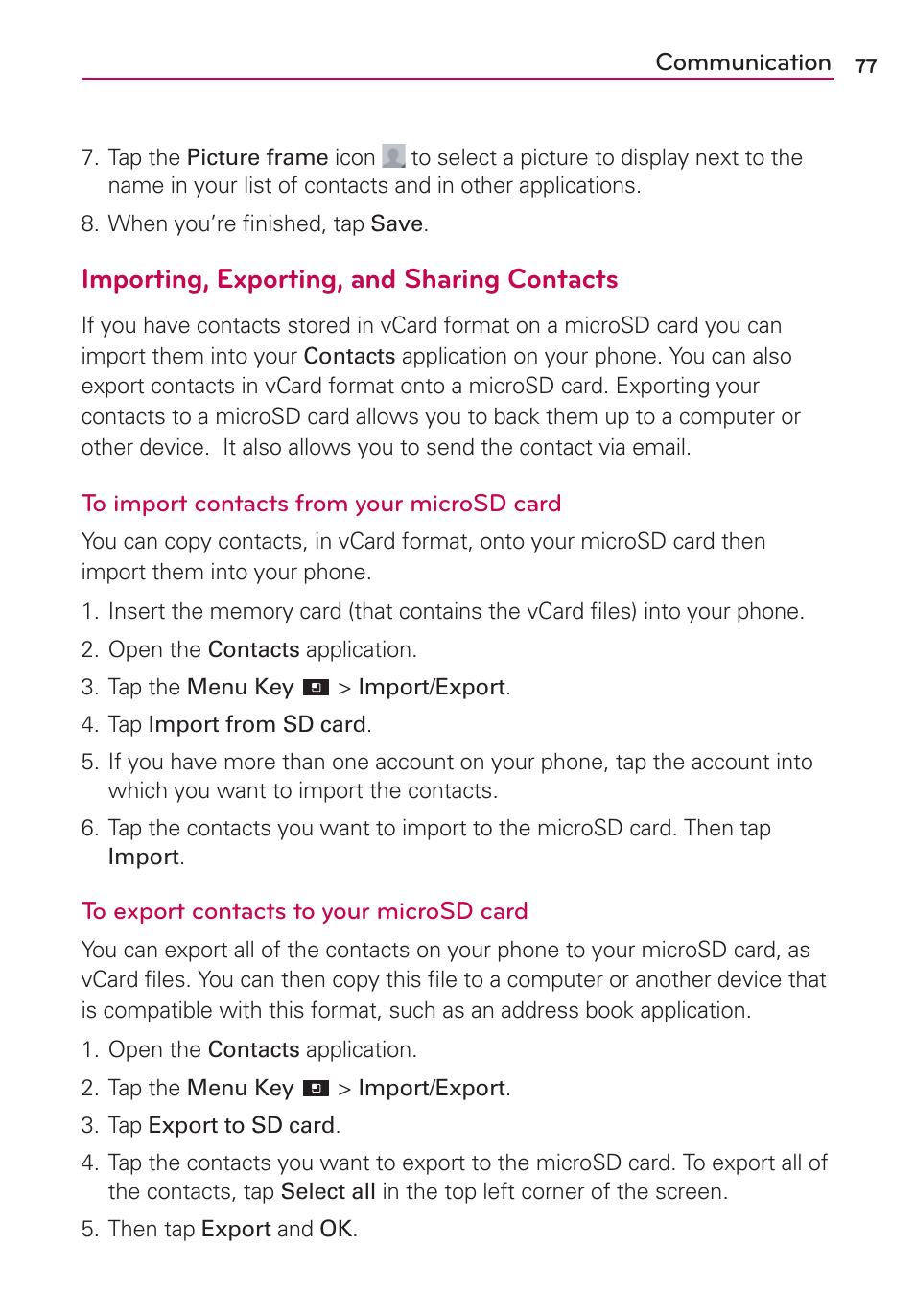 Importing, exporting, and sharing contacts | LG LGVS920 User Manual | Page 79 / 192