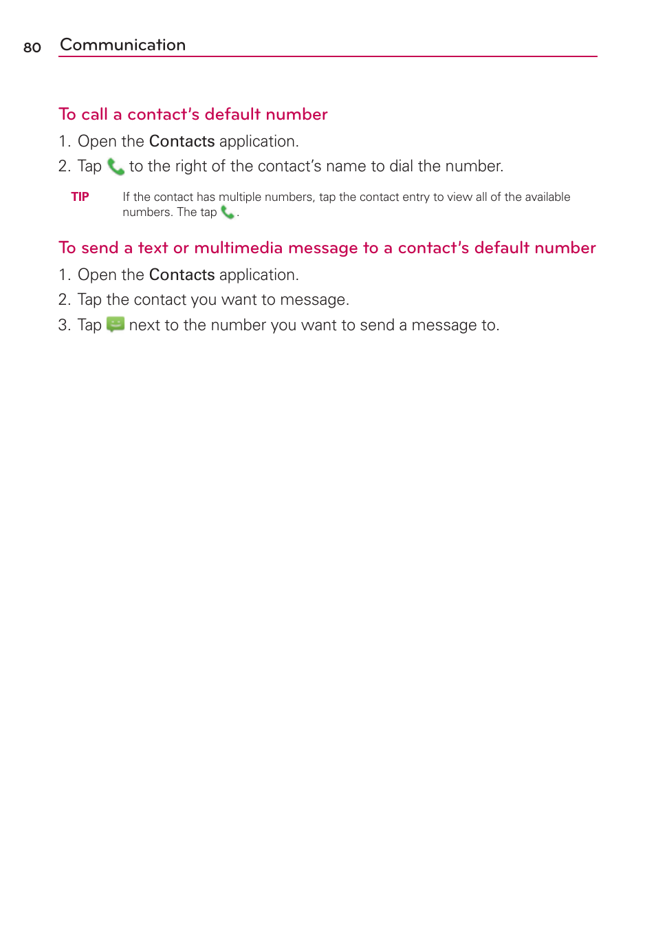 Communication to call a contact’s default number | LG LGVS920 User Manual | Page 82 / 192