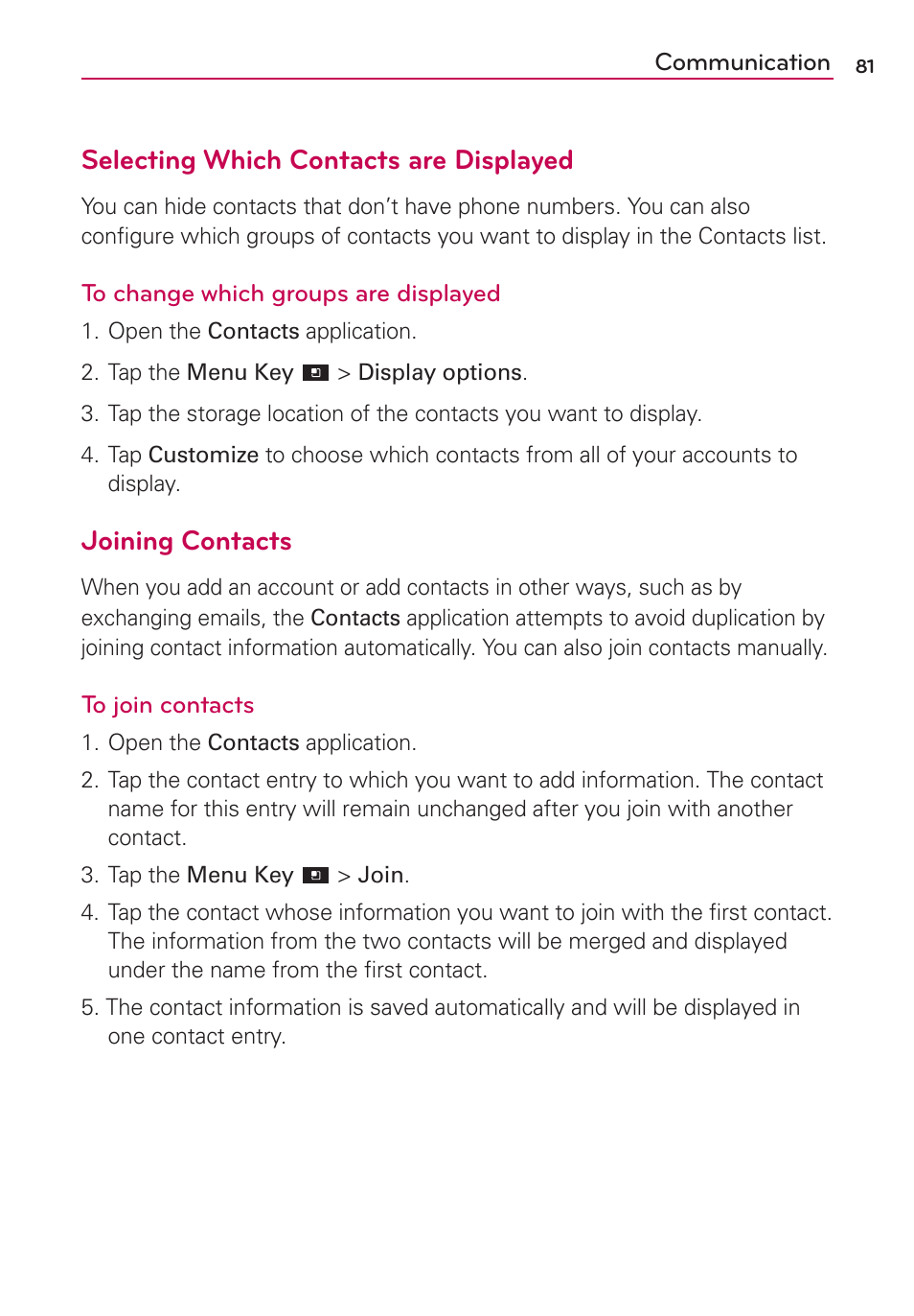 Selecting which contacts are displayed, Joining contacts | LG LGVS920 User Manual | Page 83 / 192